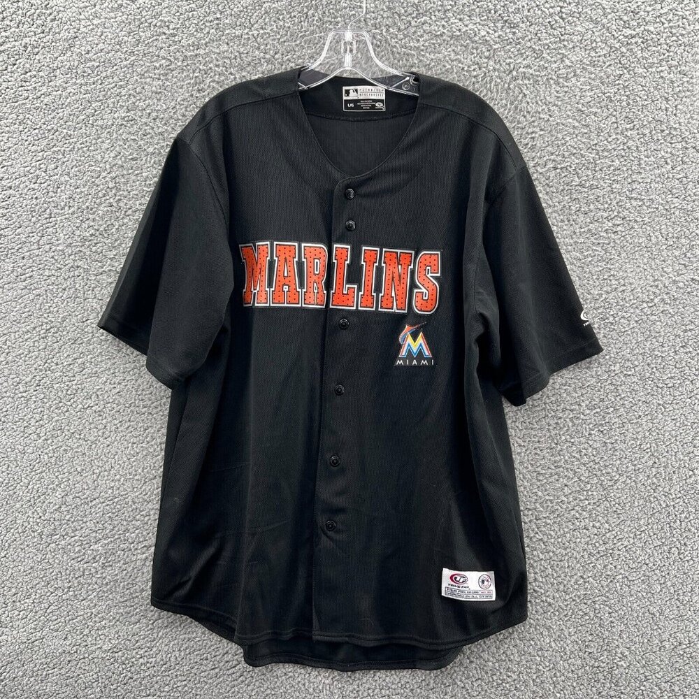 Florida Marlins Jersey Mens Large True Fan Black Short Sleeve Button Up